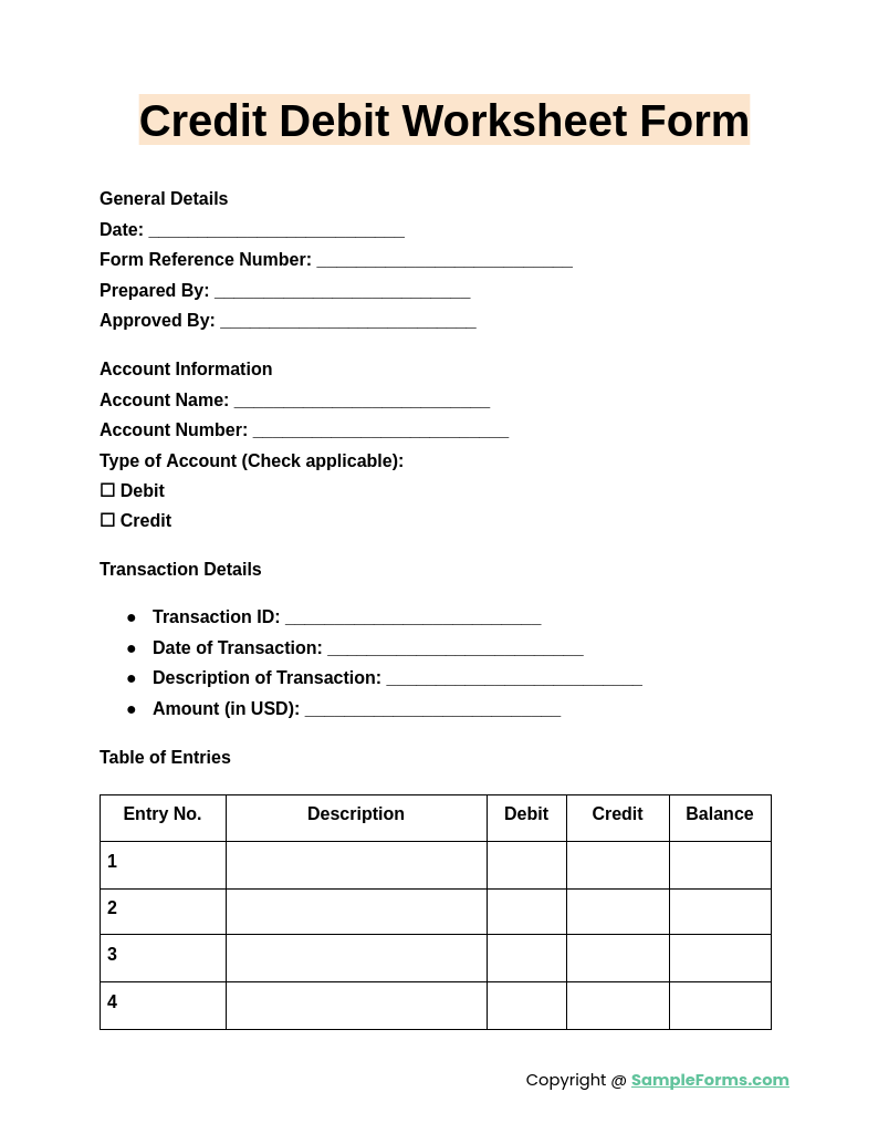 credit debit worksheet form