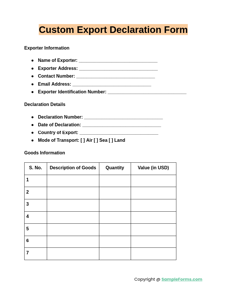 custom export declaration forms