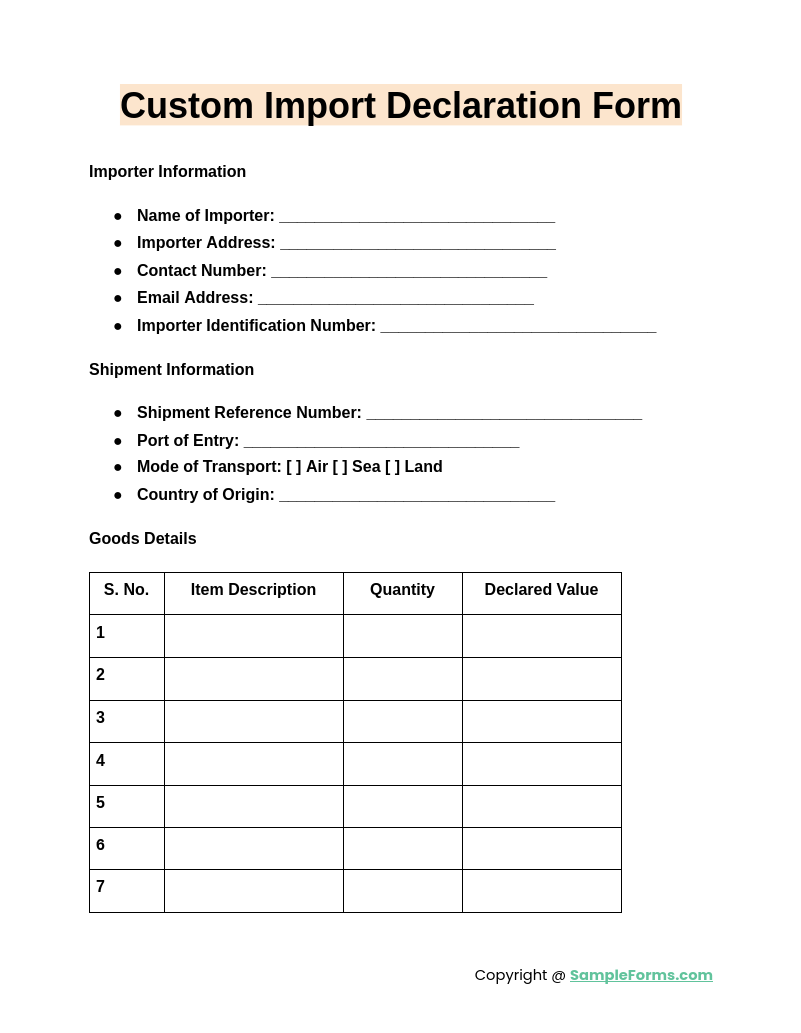 custom import declaration form