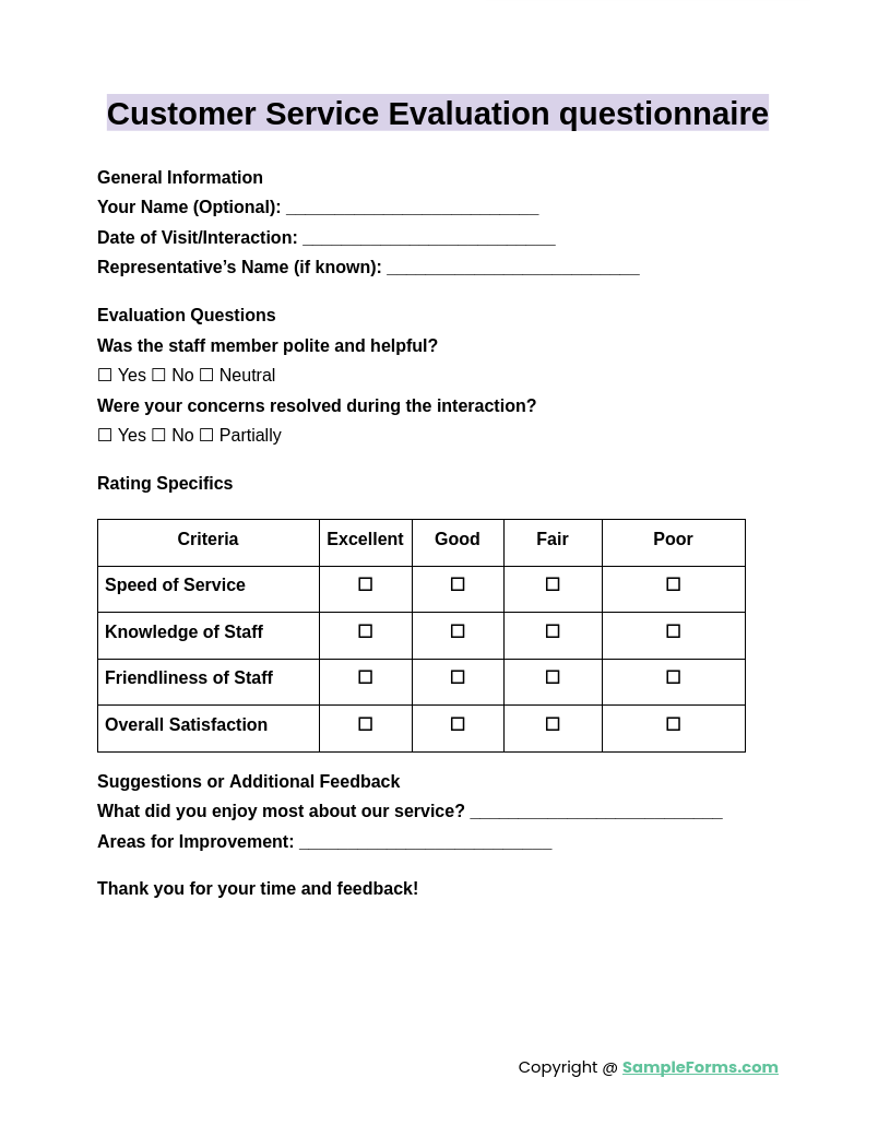 customer service evaluation questionnaire