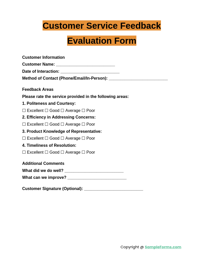 customer service feedback evaluation form