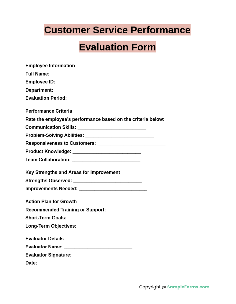 customer service performance evaluation form