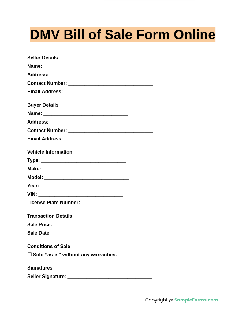 dmv bill of sale form online