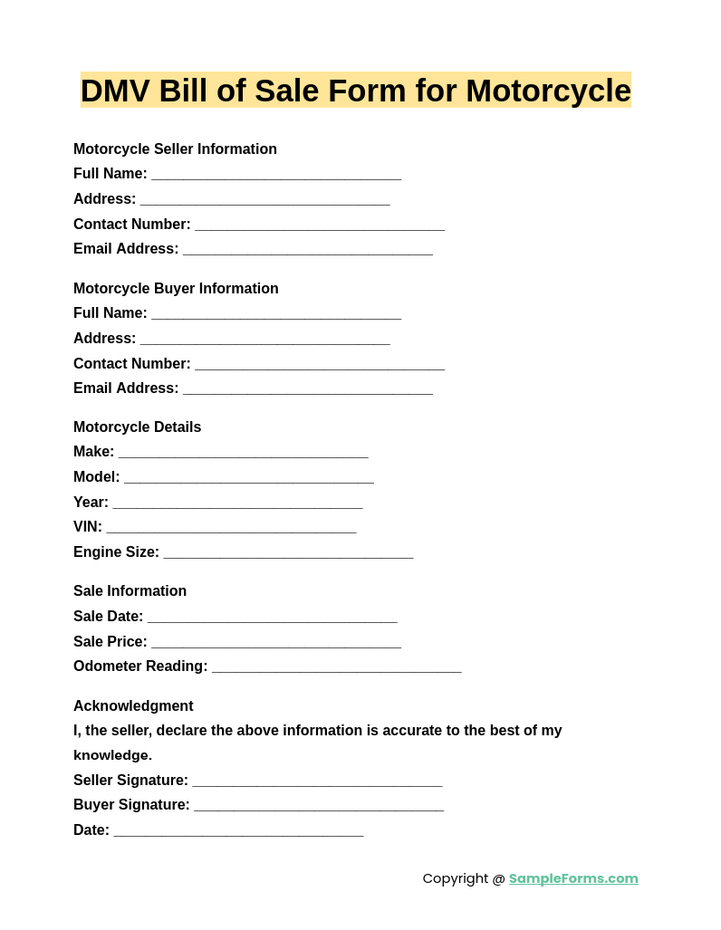 dmv bill of sale form for motorcycle