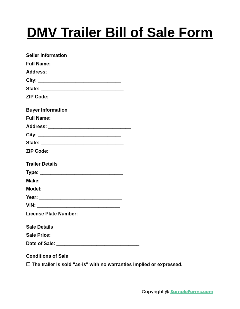 dmv trailer bill of sale form