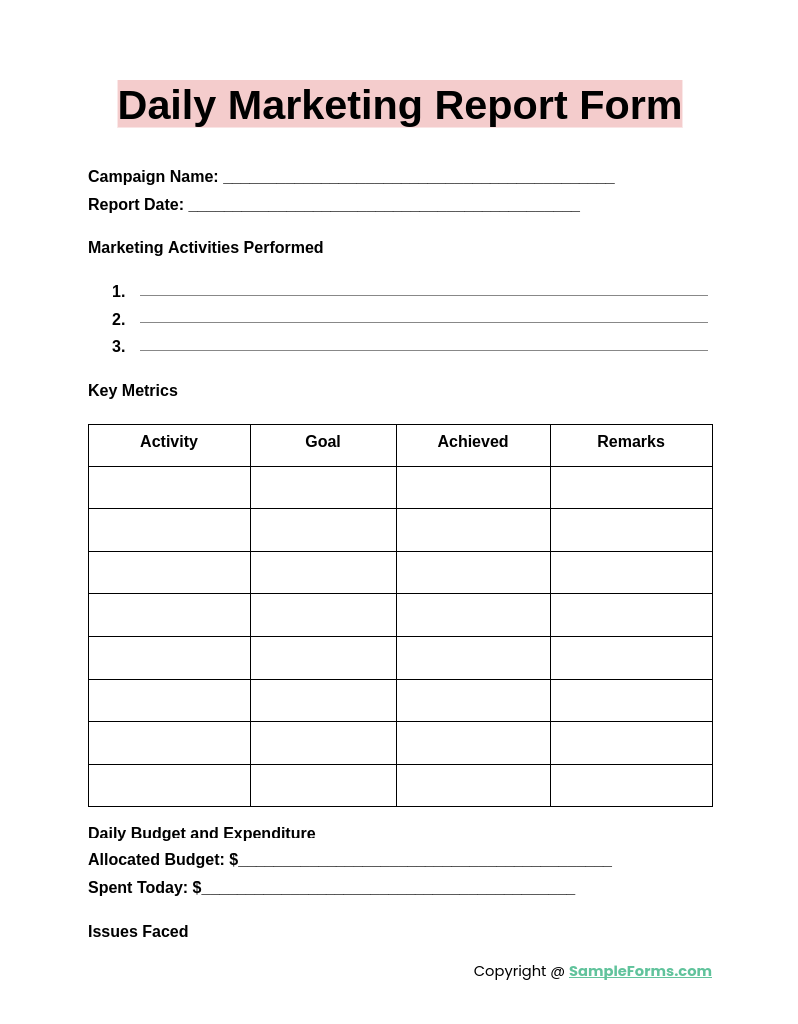 daily marketing report form