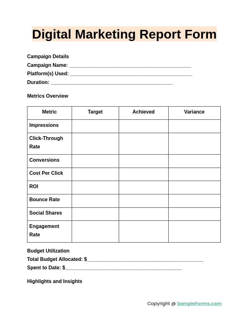 digital marketing report form