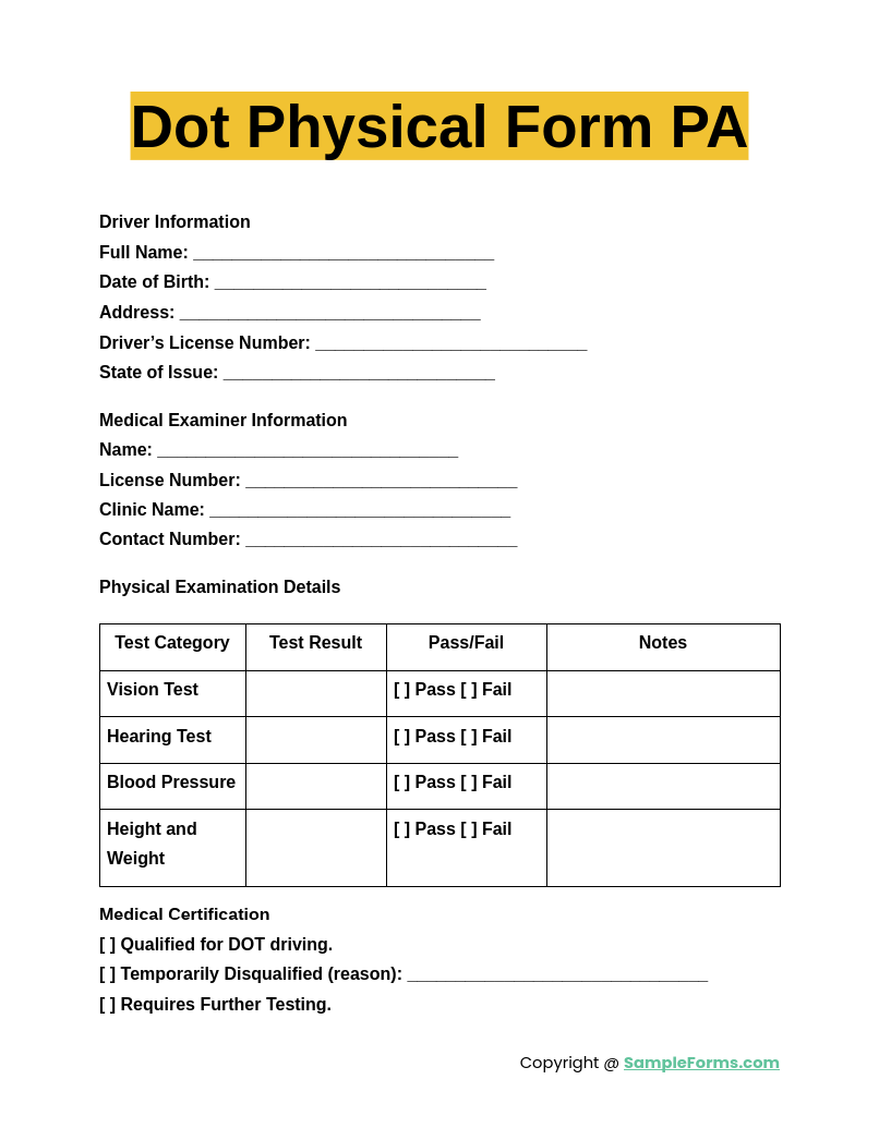 dot physical form pa