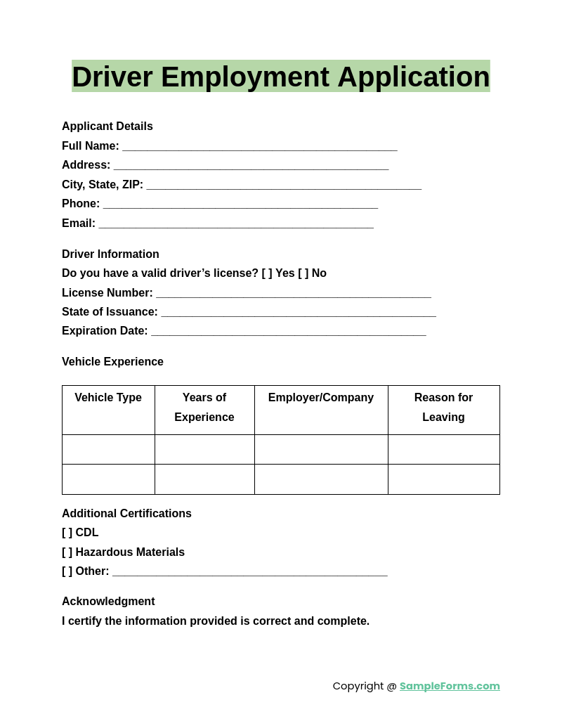 driver employment application