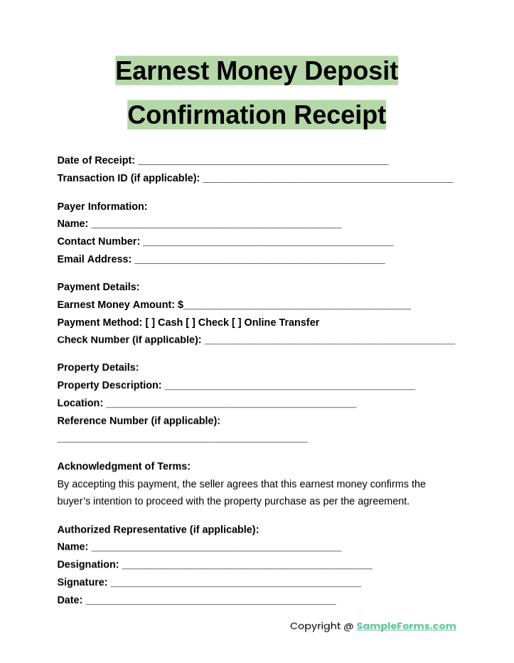 earnest money deposit confirmation receipt