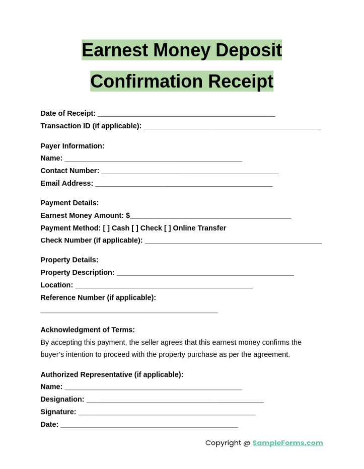FREE 6+ Earnest Money Deposit Receipt Samples, PDF, MS Word, Google Docs