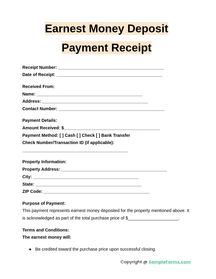 earnest money deposit payment receipt