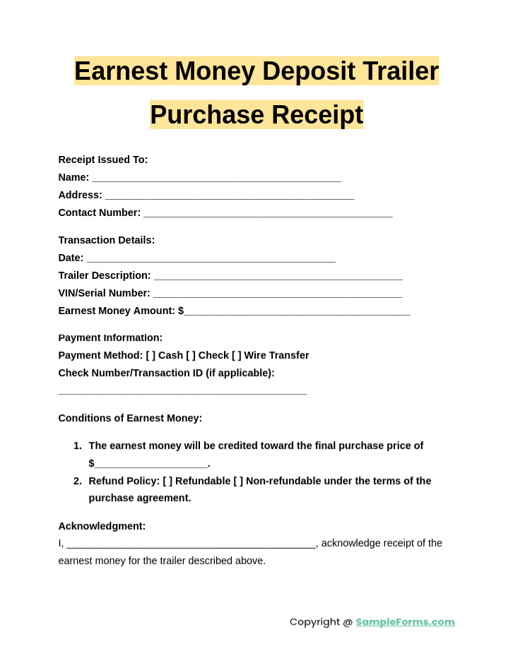 earnest money deposit trailer purchase receipt