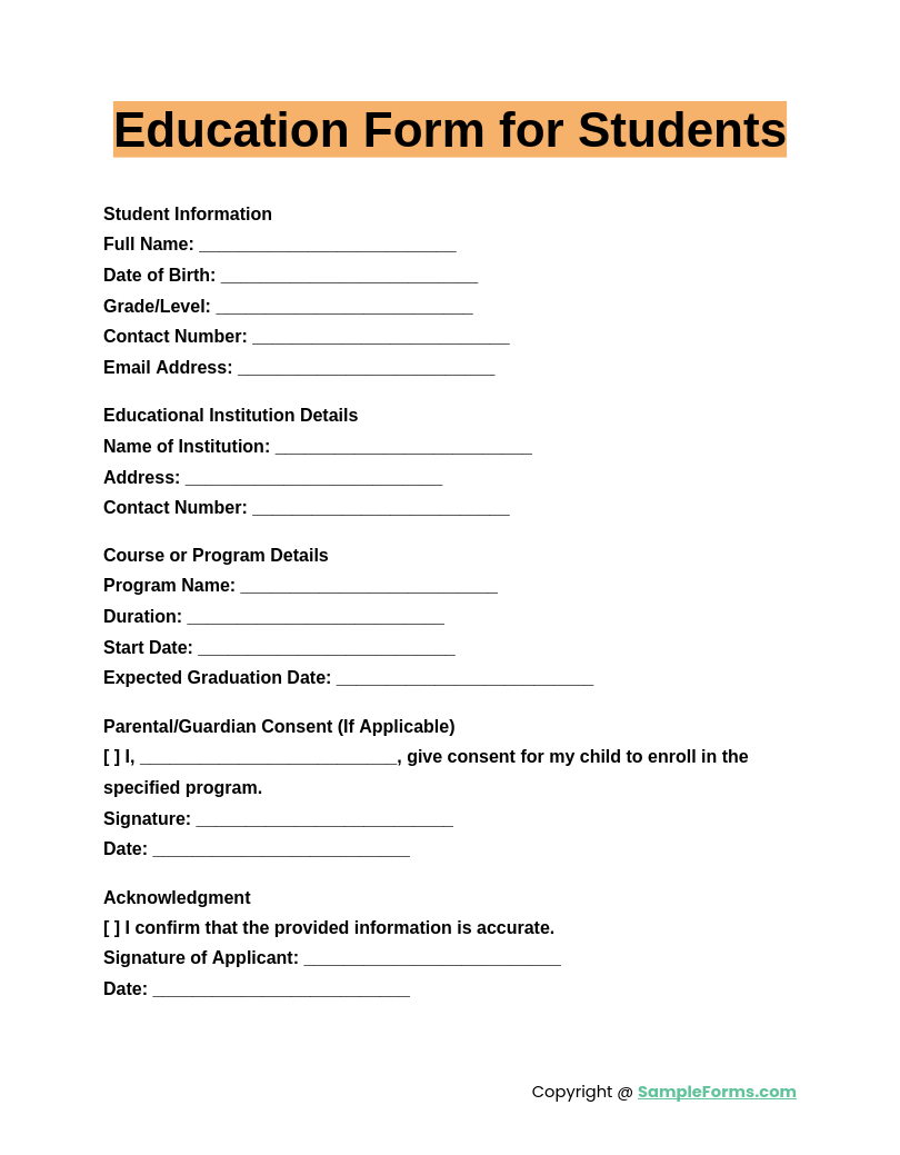 education form for students