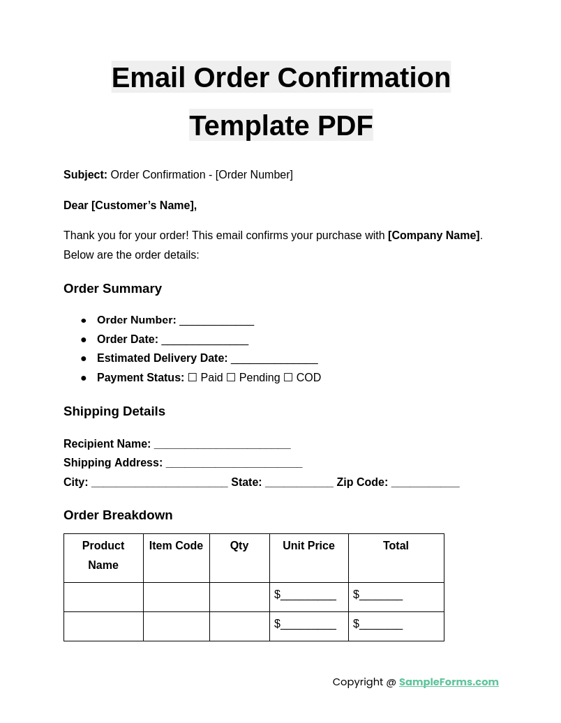 email order confirmation template pdf