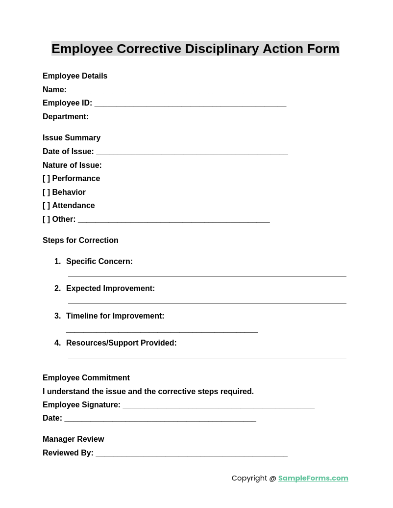 employee corrective disciplinary action form