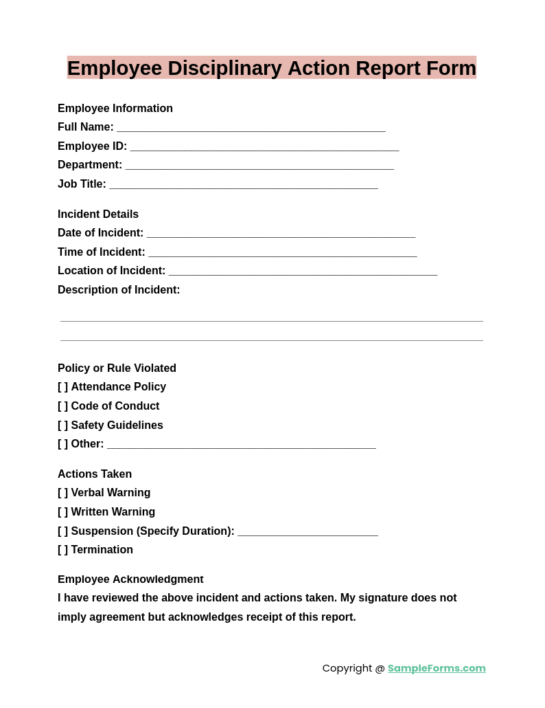 employee disciplinary action report form