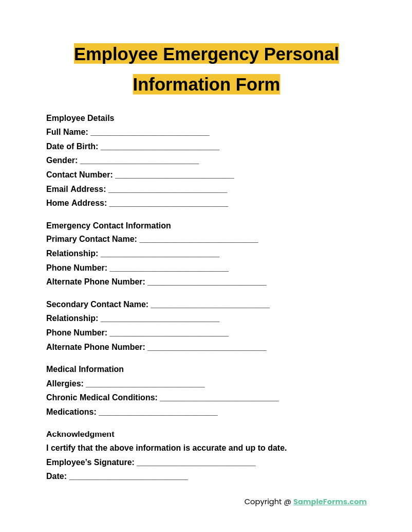 employee emergency personal information form