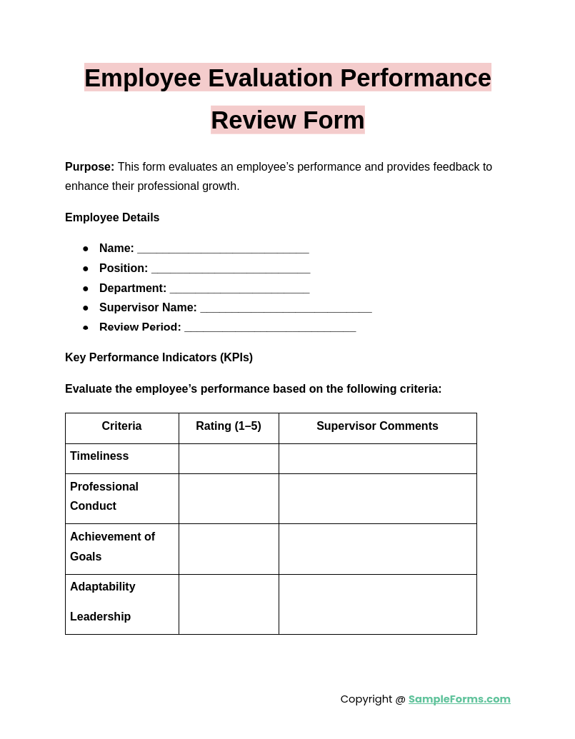 employee evaluation performance review form