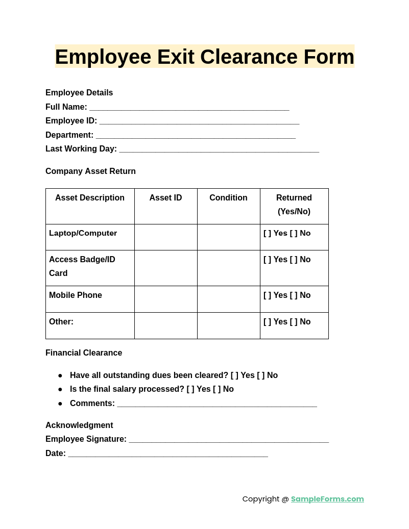 employee exit clearance form