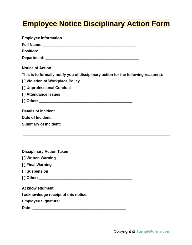 employee notice disciplinary action form