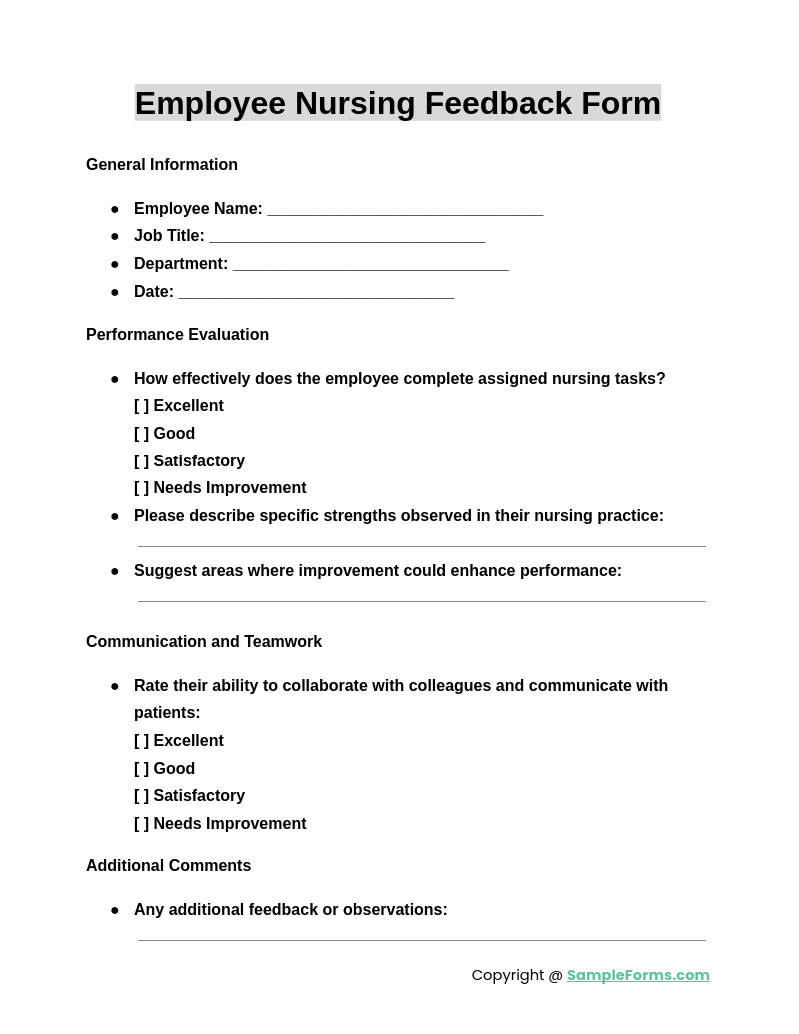 employee nursing feedback form