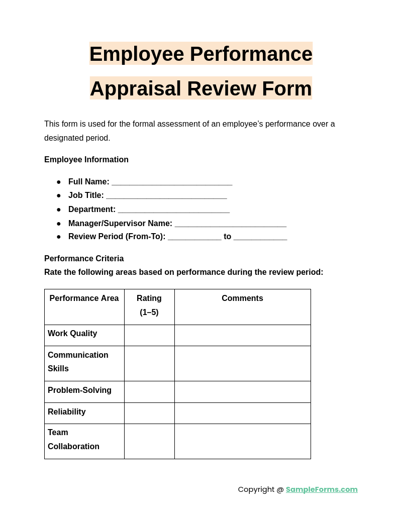 employee performance appraisal review form