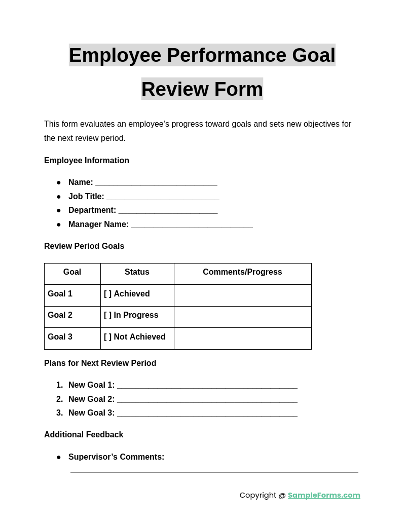 employee performance goal review form