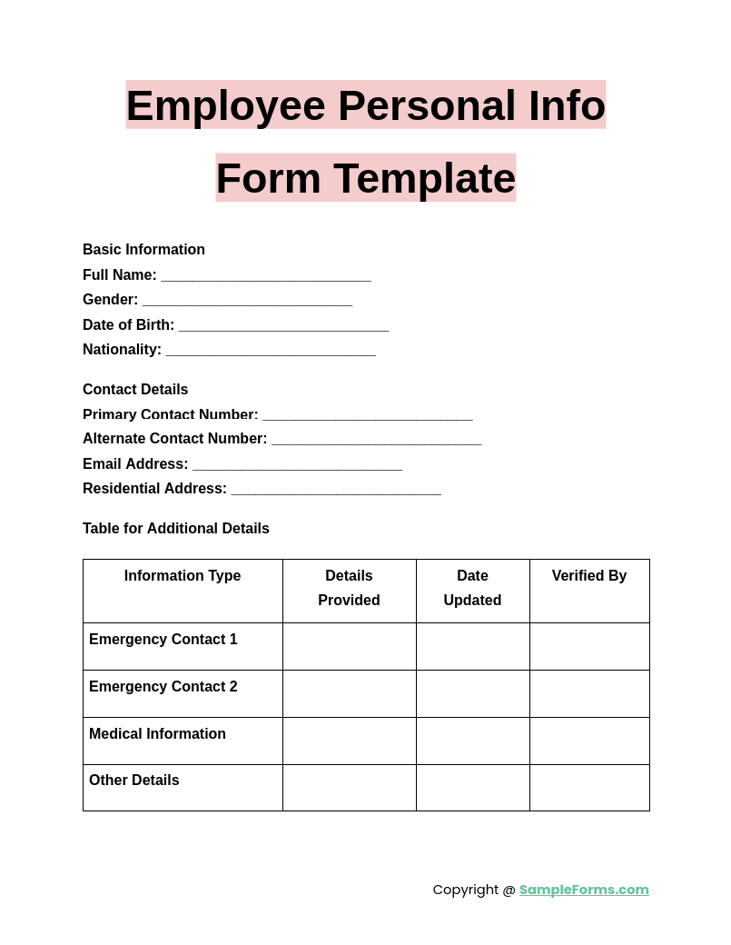 employee personal info form template