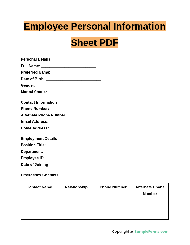 employee personal information sheet pdf