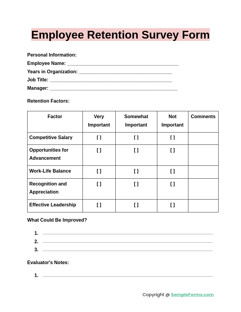 employee retention survey form