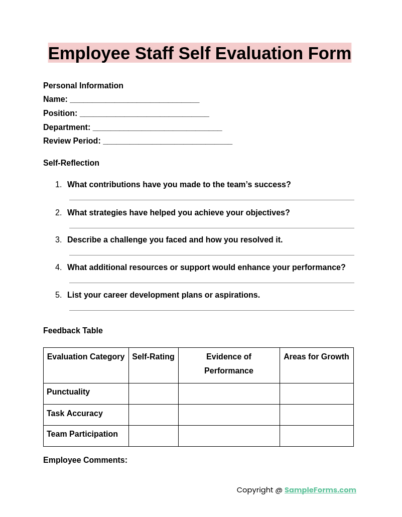 employee staff self evaluation form