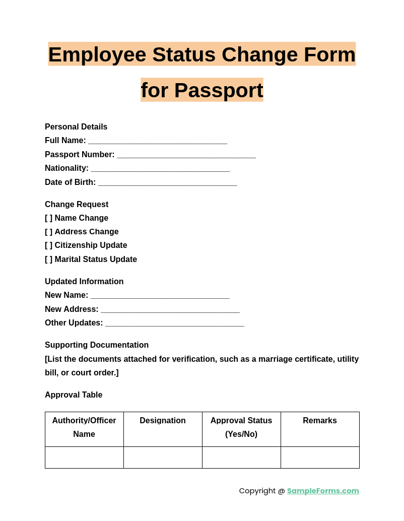 employee status change form for passport