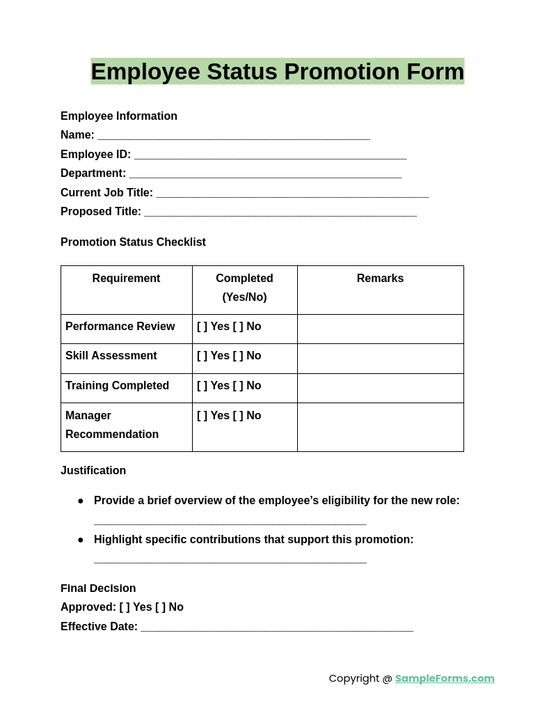 employee status promotion form