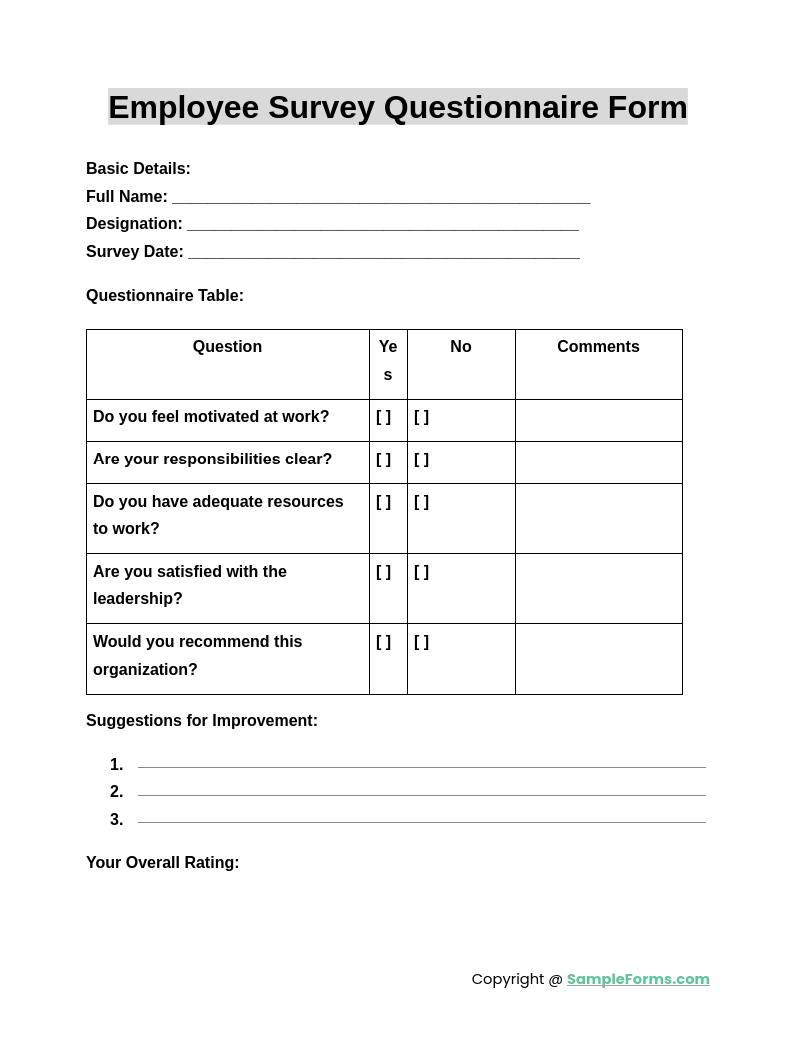 employee survey questionnaire form