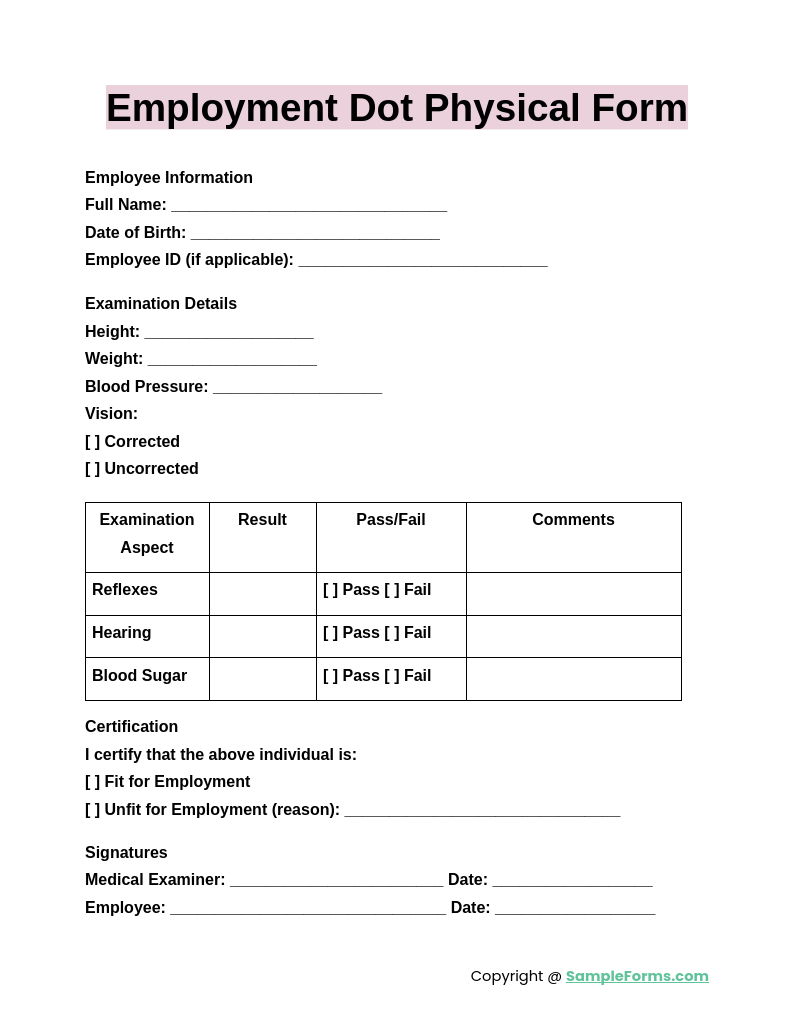 employment dot physical form