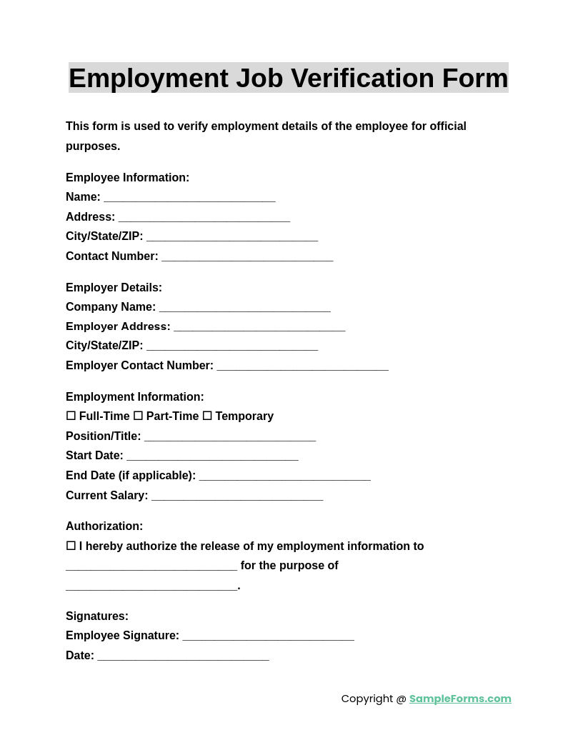 employment job verification form