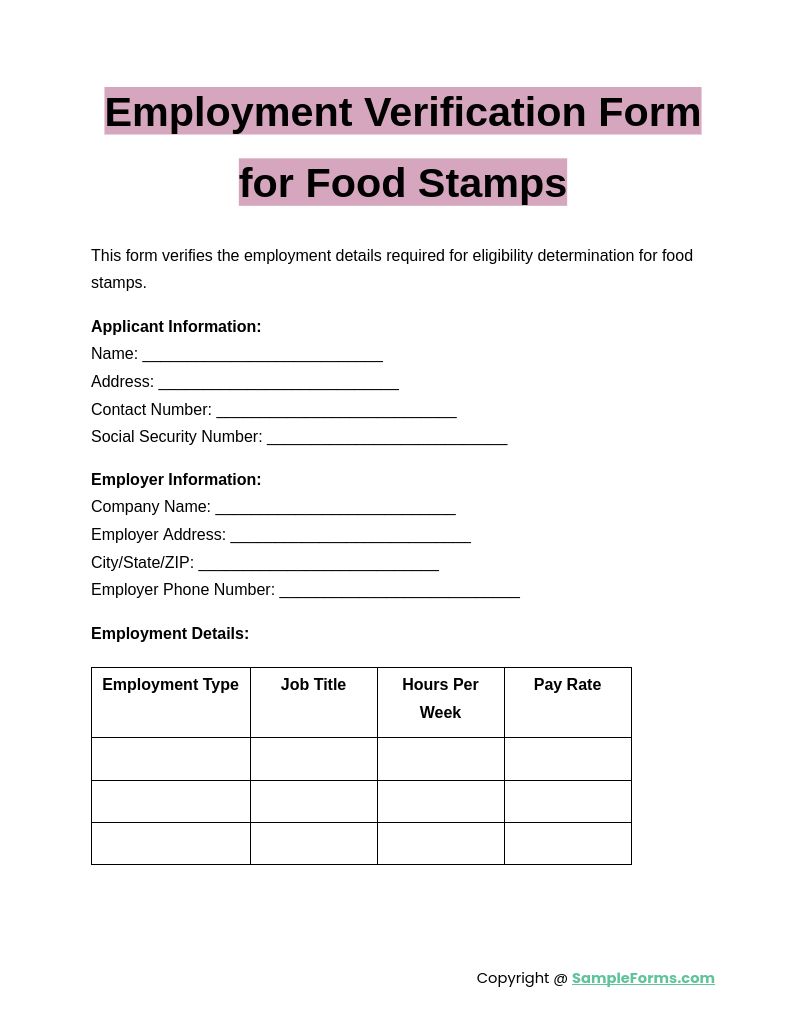 employment verification form for food stamps