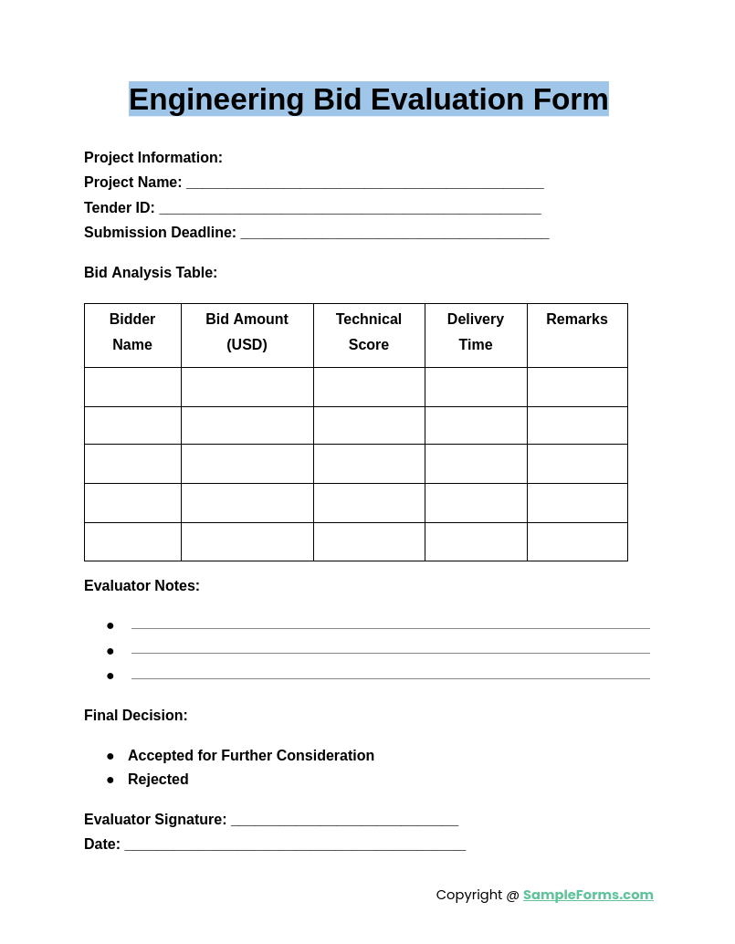 engineering bid evaluation form