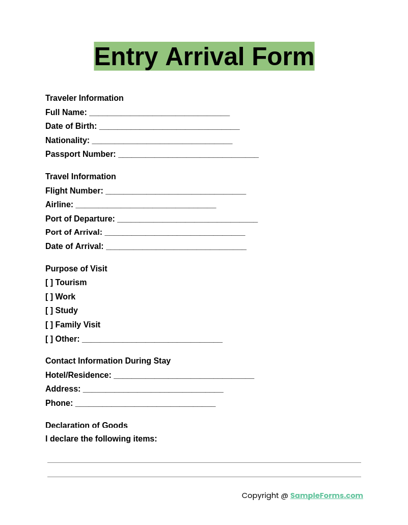 entry arrival form