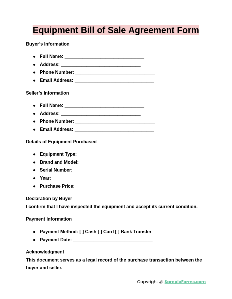 equipment bill of sale agreement form