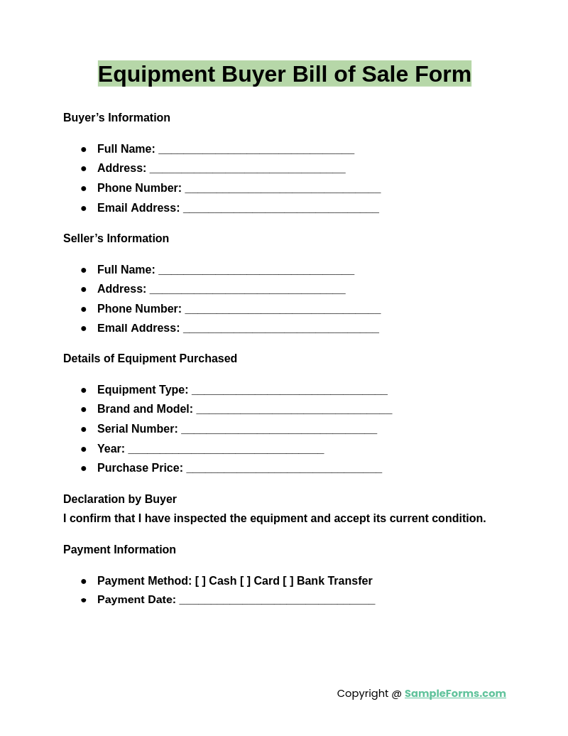 equipment buyer bill of sale form