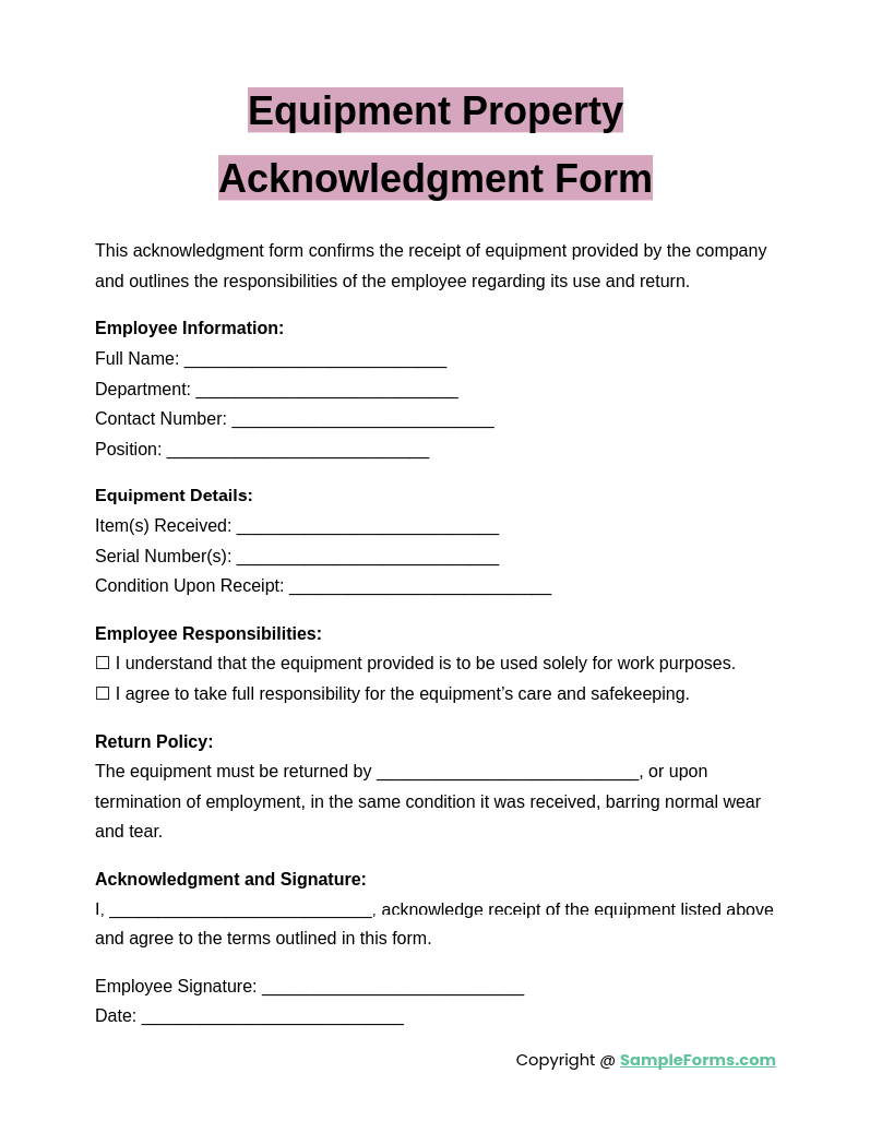 equipment property acknowledgment form