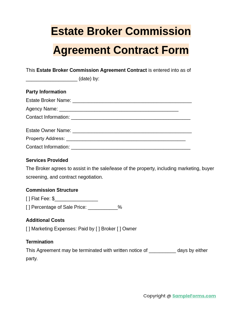 estate broker commission agreement contract form