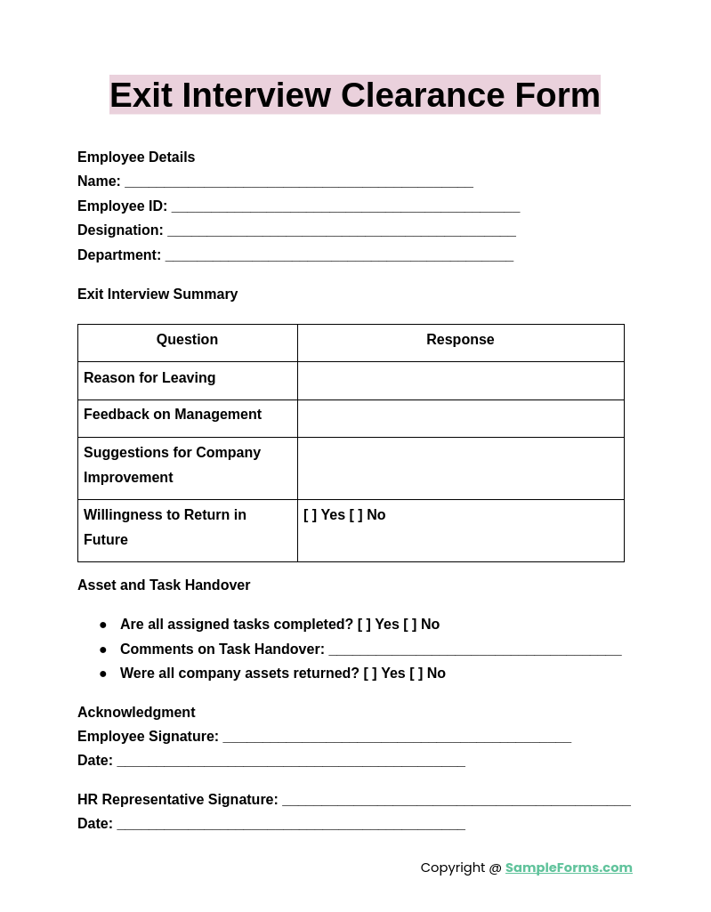 exit interview clearance form