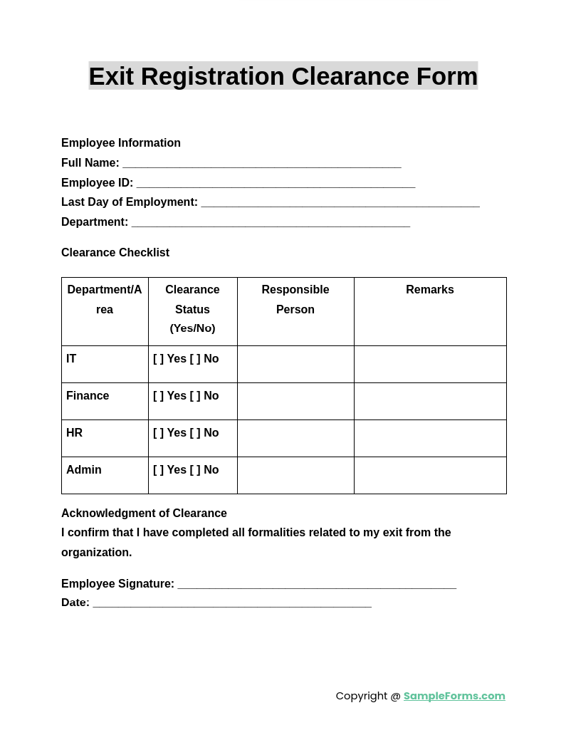 exit registration clearance form