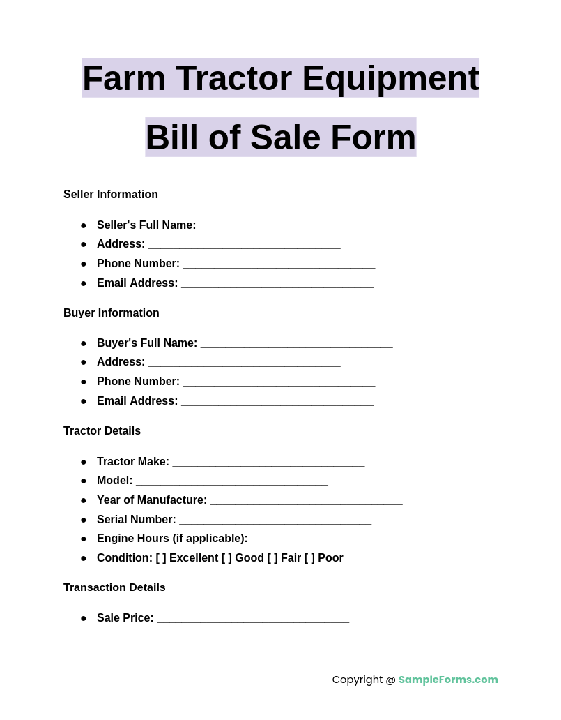 farm tractor equipment bill of sale form