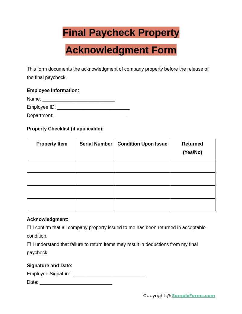 final paycheck property acknowledgment form