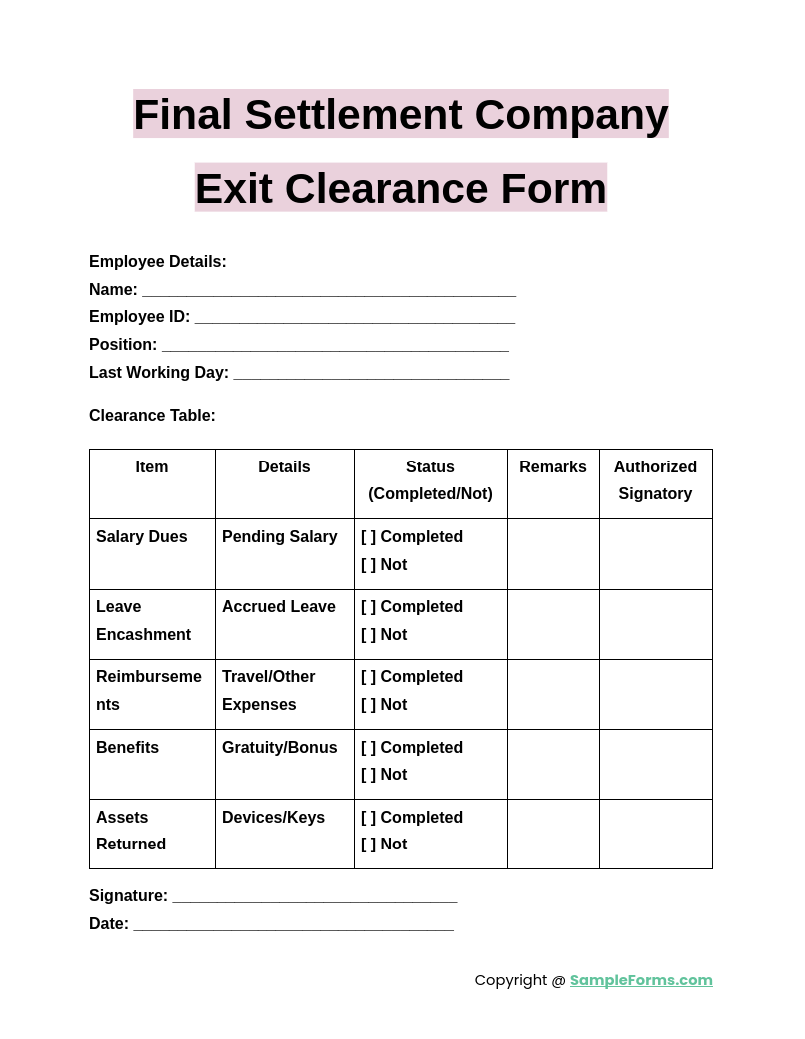 final settlement company exit clearance form