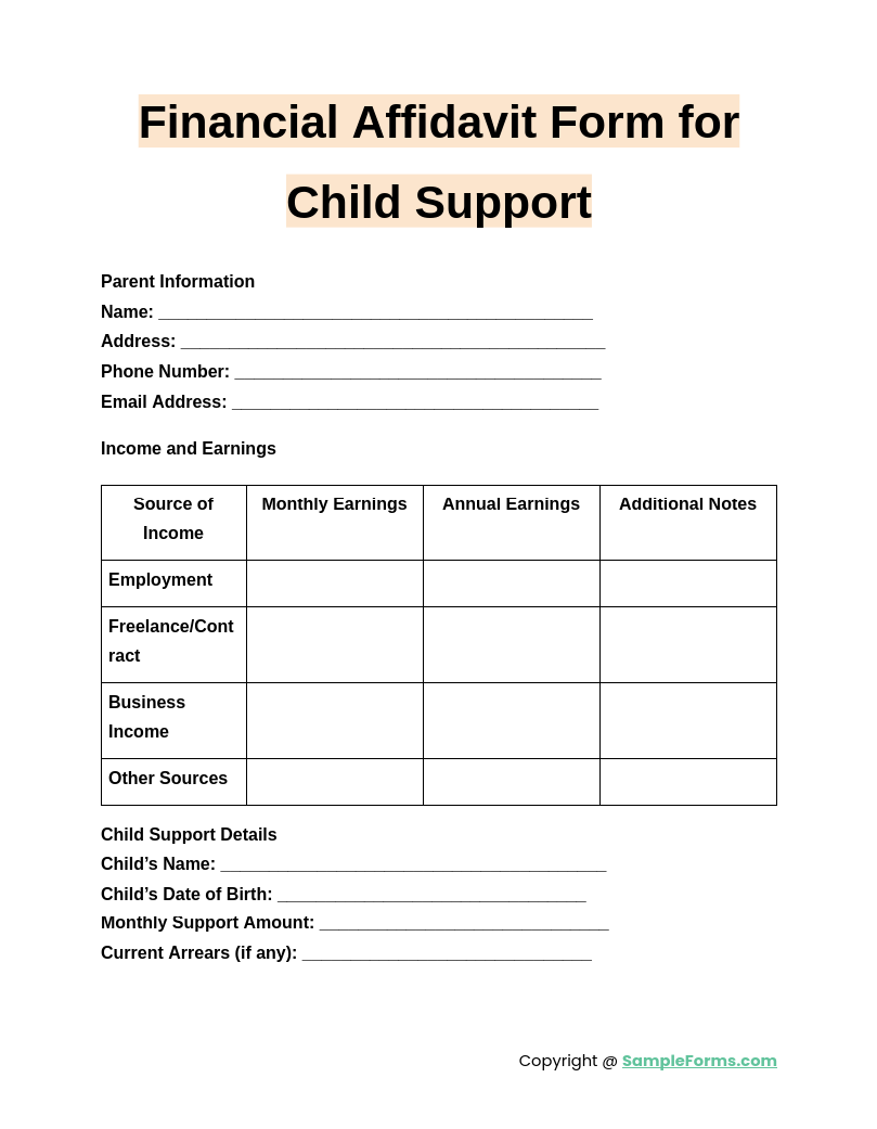 financial affidavit form for child support